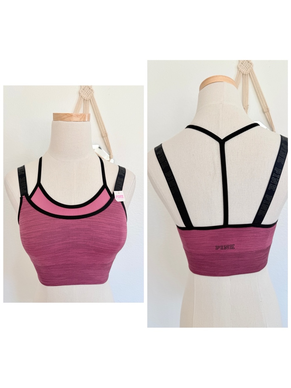 💗 VS PINK Magenta Pink Layered Seamless Fabric Strappy Bralette Sports Bra